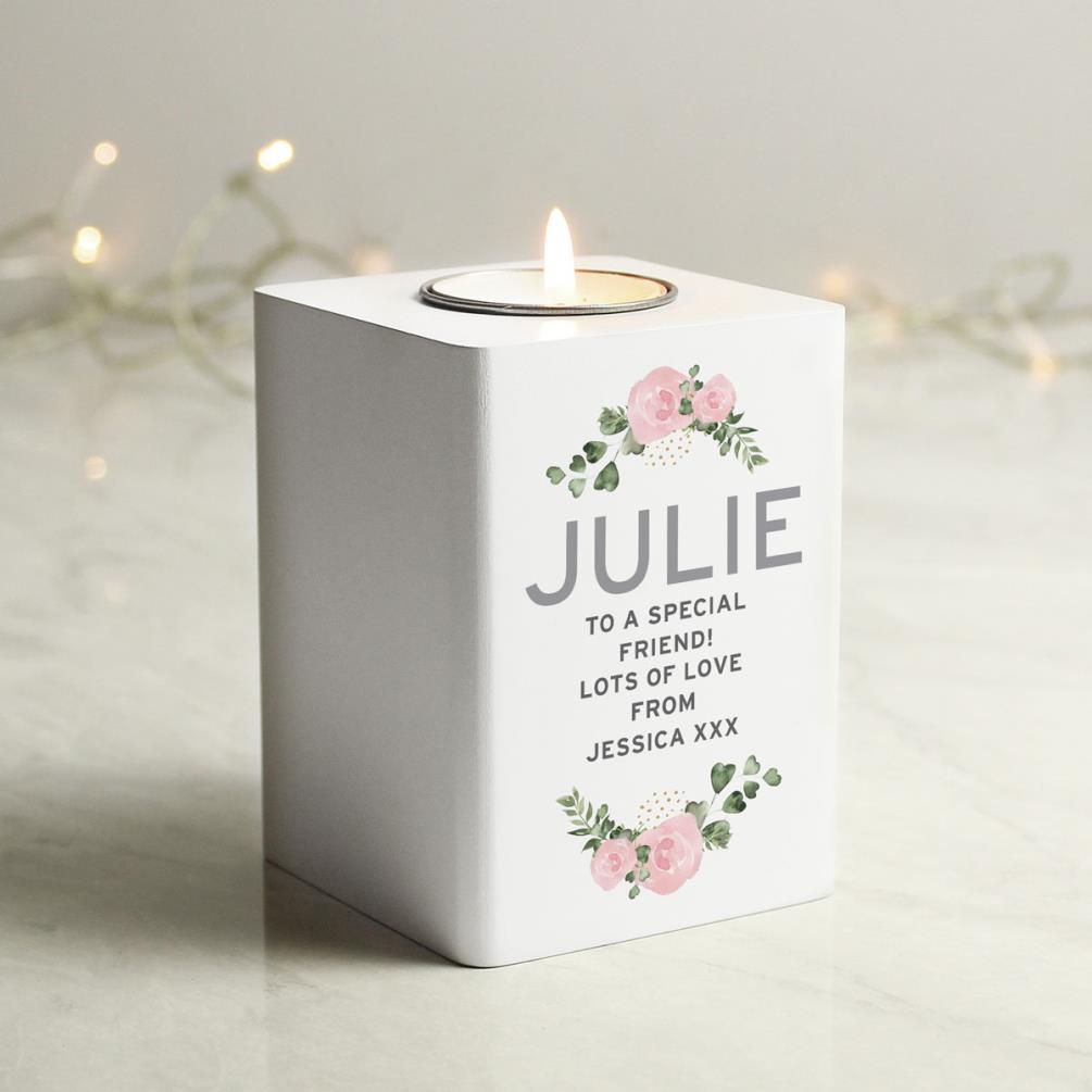 Personalised Rose White Wooden Tea Light Holder Extra Image 2